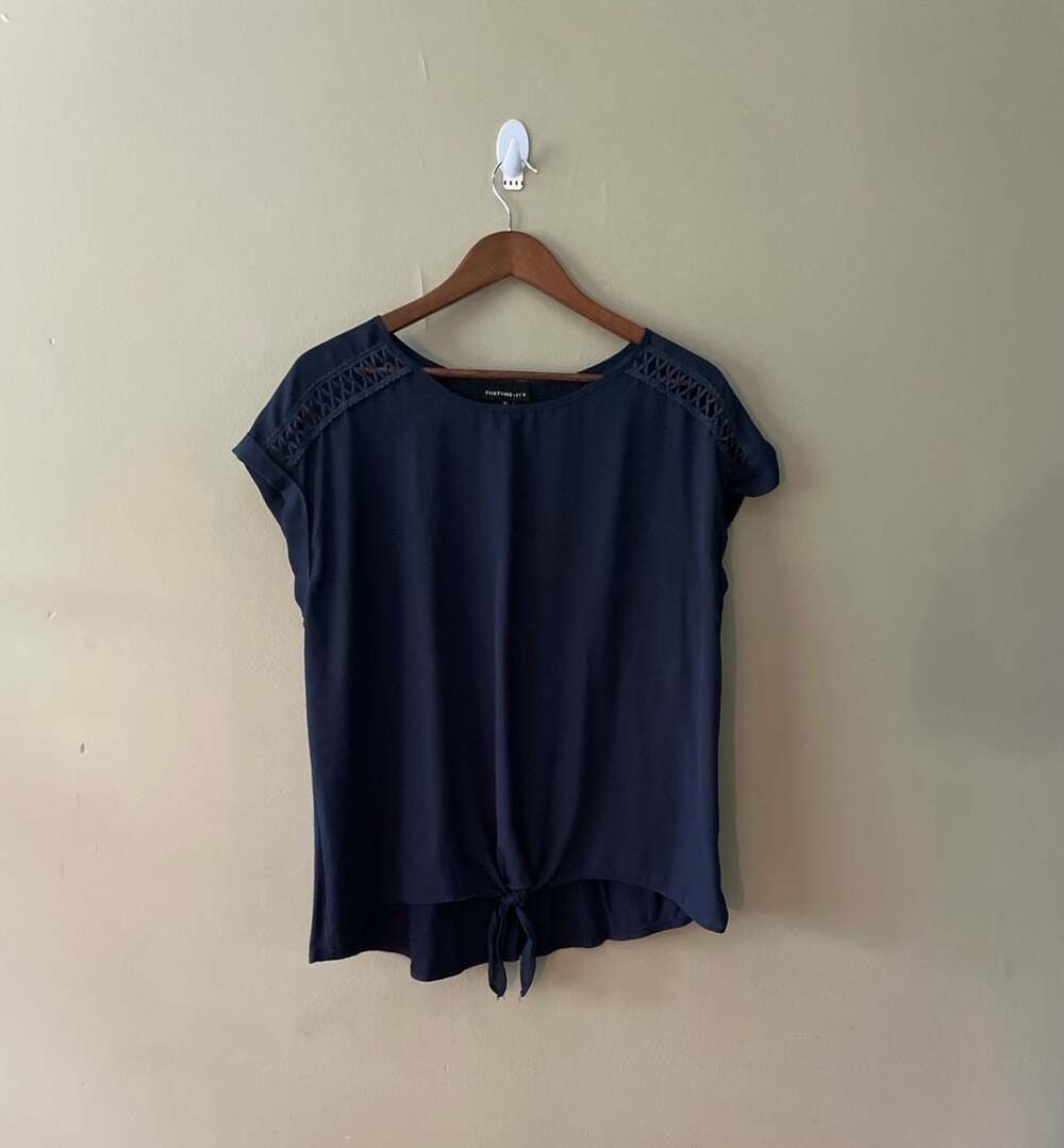 Fortune + Ivy Navy Blue Lace Inset Tie-Front Top